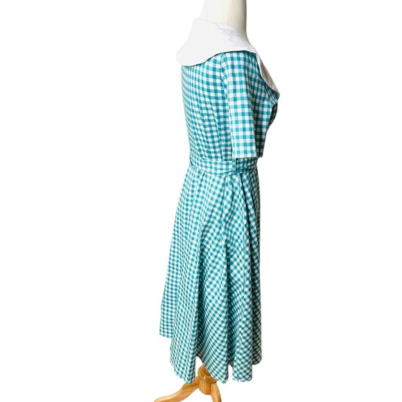 Vintage Blue Fit and Flare Midi Dress with Asymmetrical Neckline - Picture 6 of 7